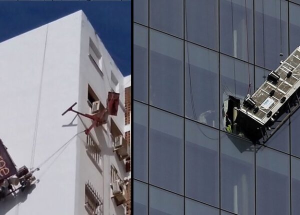 Rescatados tres trabajadores que quedaron colgando de un andamio