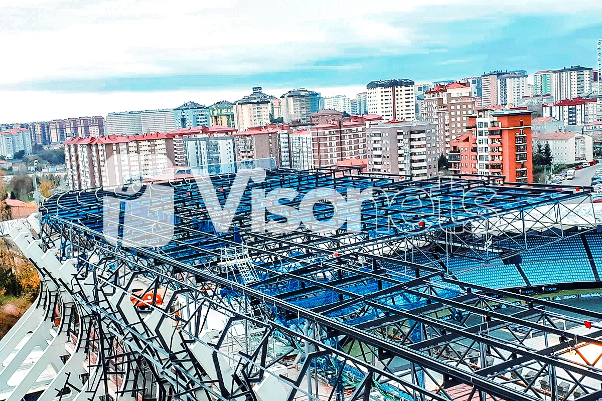 Instalación de redes de seguridad tipo "S" VISORNETS más mallas mosquiteras más mallas anti-objetos tools en estadio Balaídos de Real Club Celta de Vigo