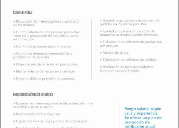 Puesto vacante de Responsable de Producción