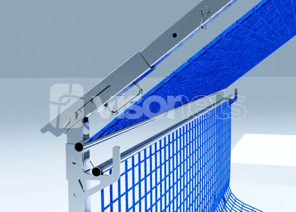 SRP Sistema de Retención Provisional VISORNETS - Vista de detalle de la bisagra plegada, largueros, soporte de barandilla y otros componentes metálicos combinados con redes de seguridad de alta resistencia - Seguridad y protección para obras en construcción