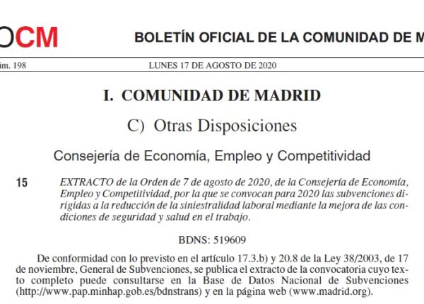 La Comunidad de Madrid lanza una convocatoria de subvenciones destinada a la reducción de la siniestralidad laboral